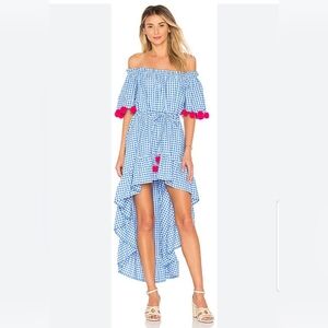 SUNDRESS ALENA XS/S blue white checkered pink pom pom high low gingham dress